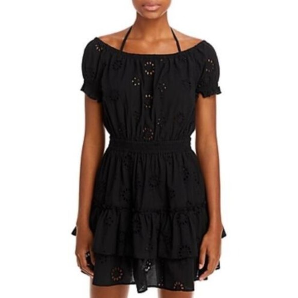 Aqua Black Eyelet Tiered Peasant Cover-up Dress Swim NEW Puff sleeve Medium - Picture 1 of 8